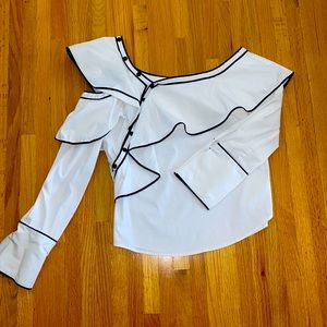 DKNY White Ruffle Button Blouse